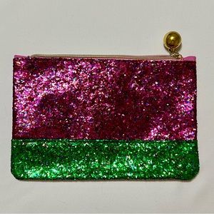 NWT - Ipsy Makeup Bag - Never Used - Pink and Green Glitter w/ Gold Ball Zipper